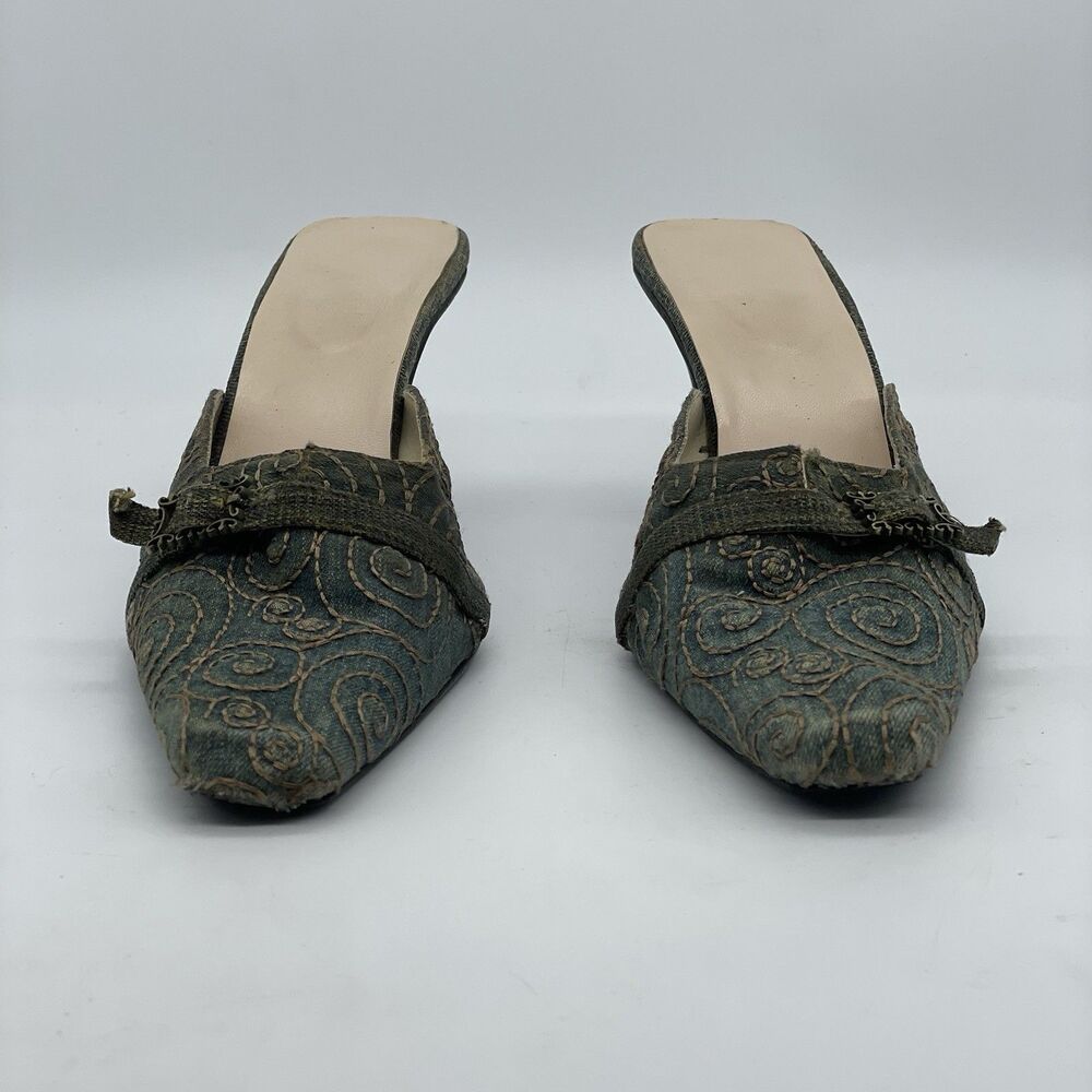 Slip On Mid Wash Denim Stitched 3in Heels Women’s 8 Blue Gold Buckle Accent Boho - Picture 10 of 16